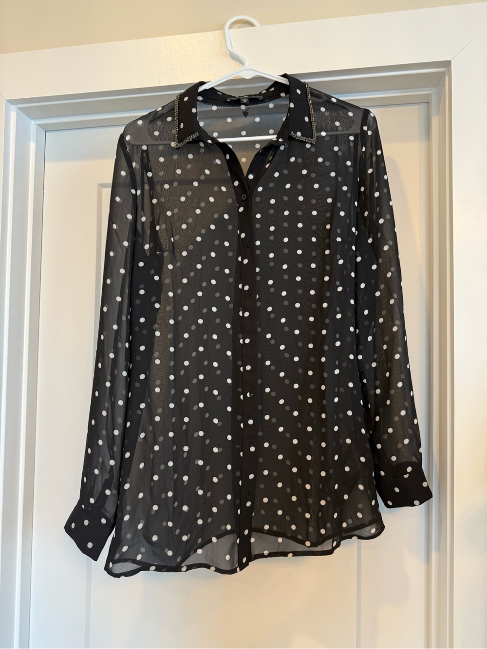 Guess Sheer Black Polka Dot Button-Up Blouse Size M